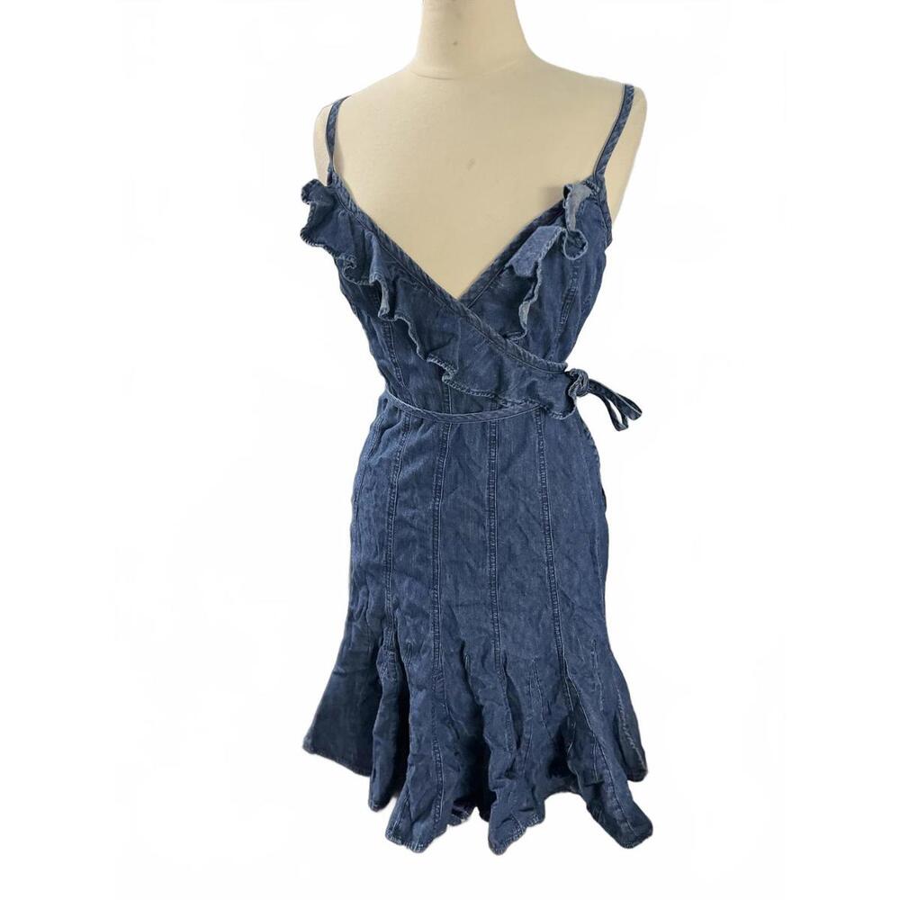 Ralph Lauren Womens size 6 Blue Denim Ruffle Wrap Dress Spaghetti Straps